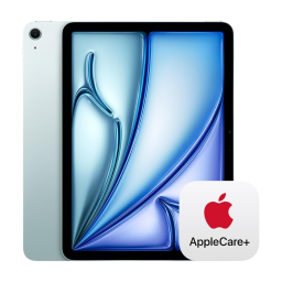 Apple iPad Air (M2, 256GB, WiFi) front and back views stacked with Apple Care + logo on a white background