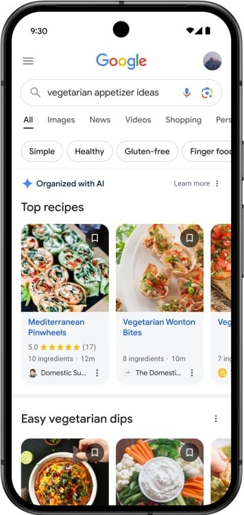 Google search results of vegetarian dips organized into to subcategories