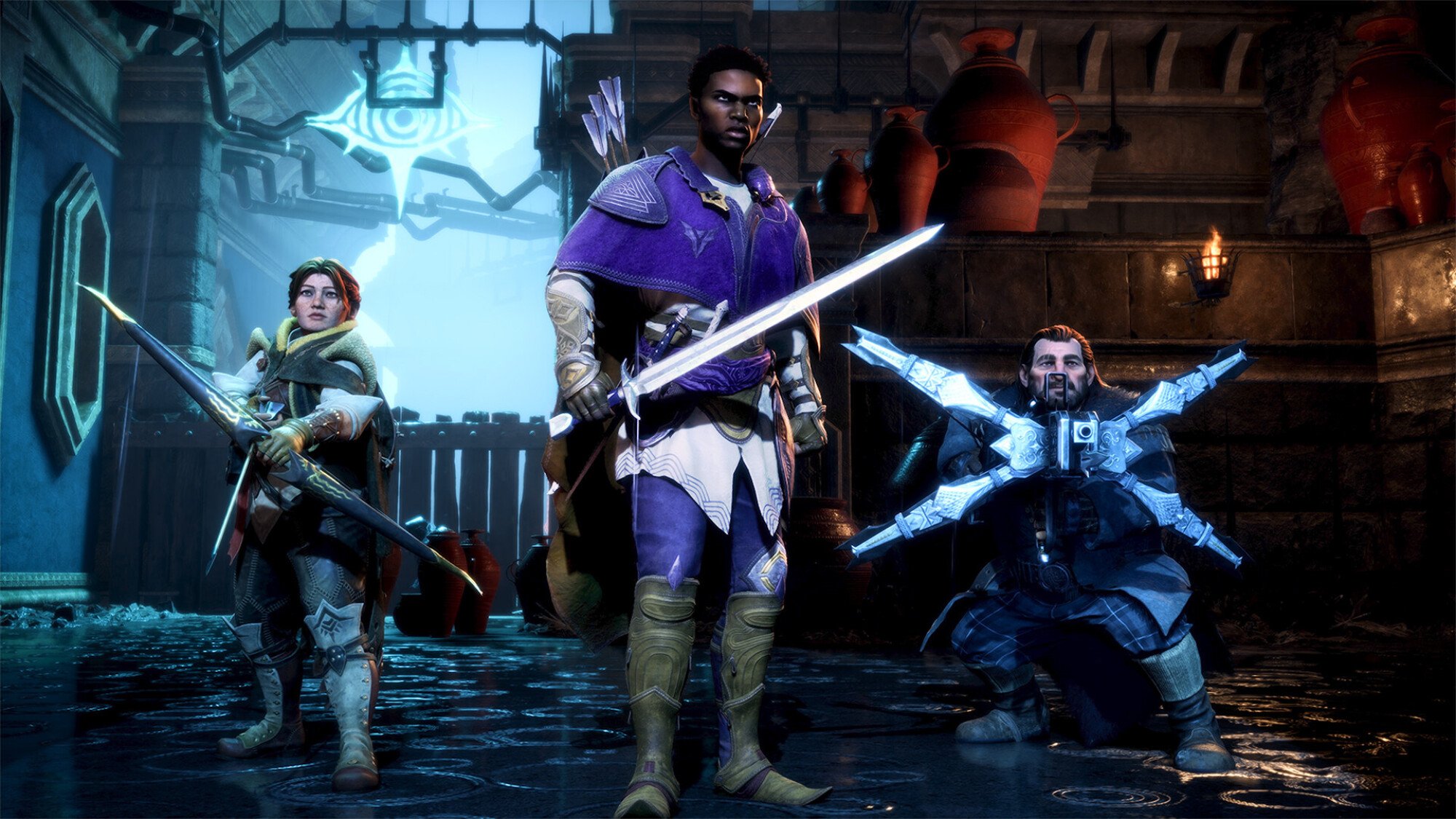 Dragon Age: Veilguard protagonist standing next to Harding and Varric