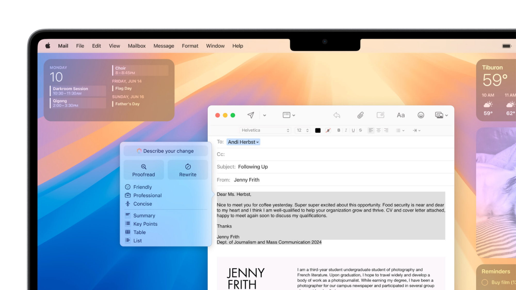 A Mac screen showing an email being composed, and Apple Intelligence's Writing Tools.