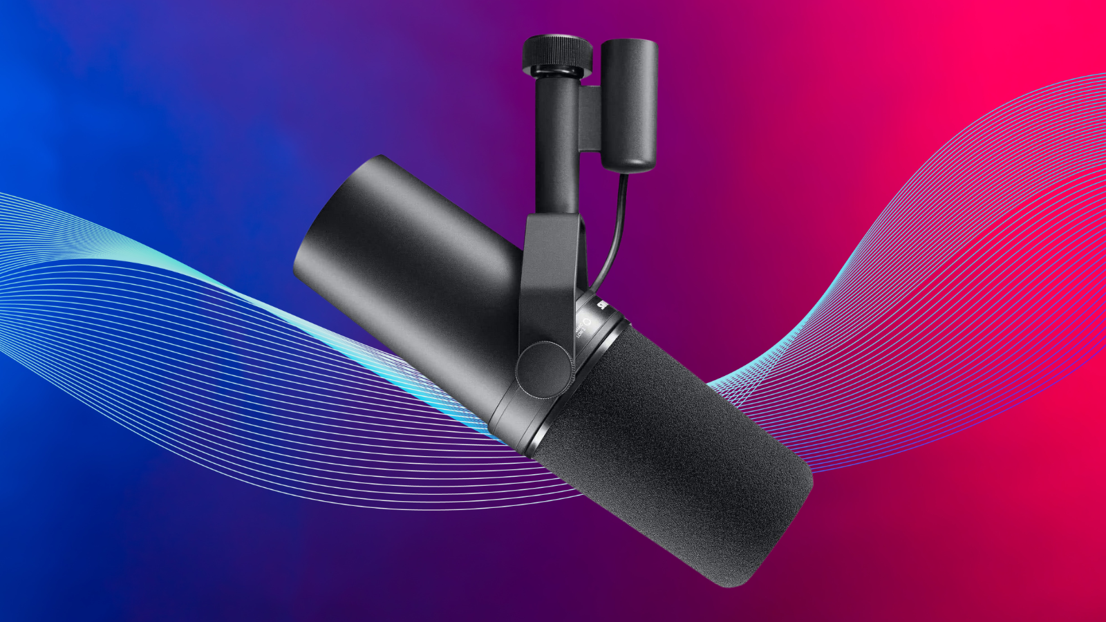 Shure SM7B dynamic microphone on a blue to purple gradient background with sound waves