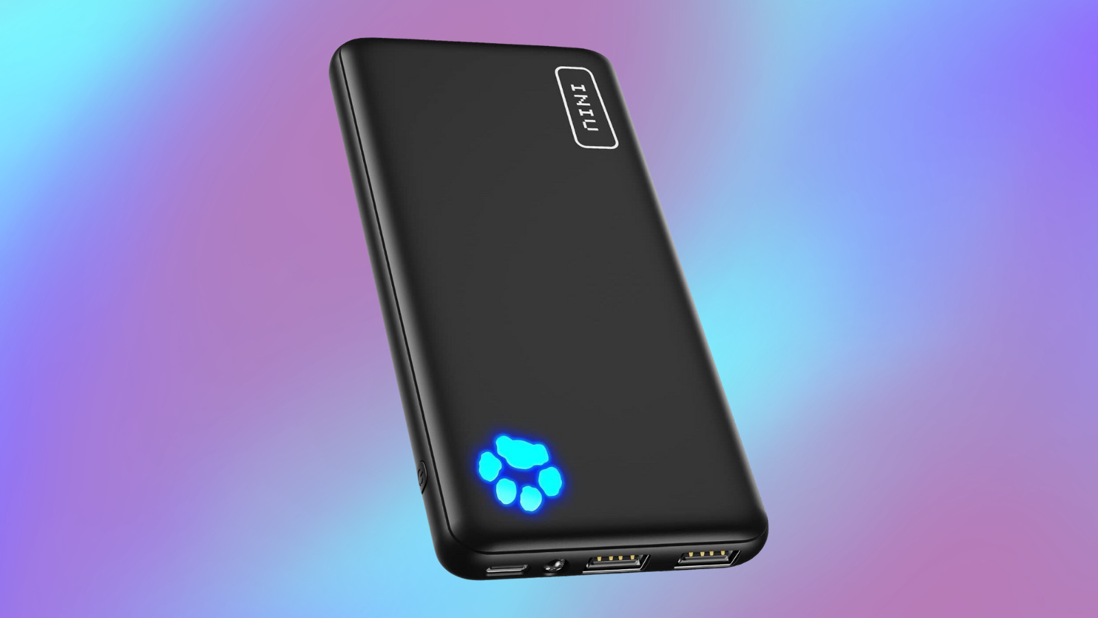 INIU power bank on a blue to purple gradient background