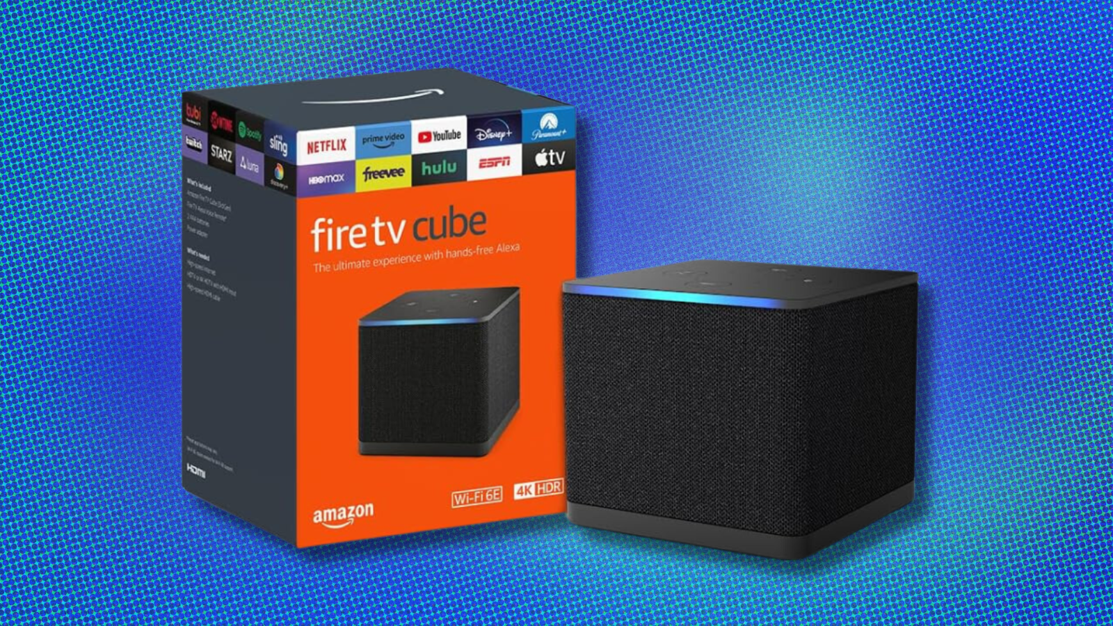 Amazon Fire TV Cube on blue abstract background