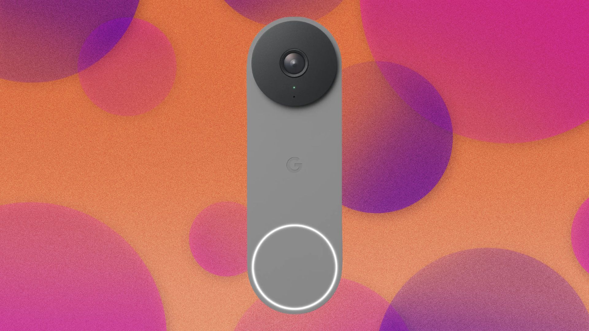 A Google Nest Doorbell appears on a purple and orange background.