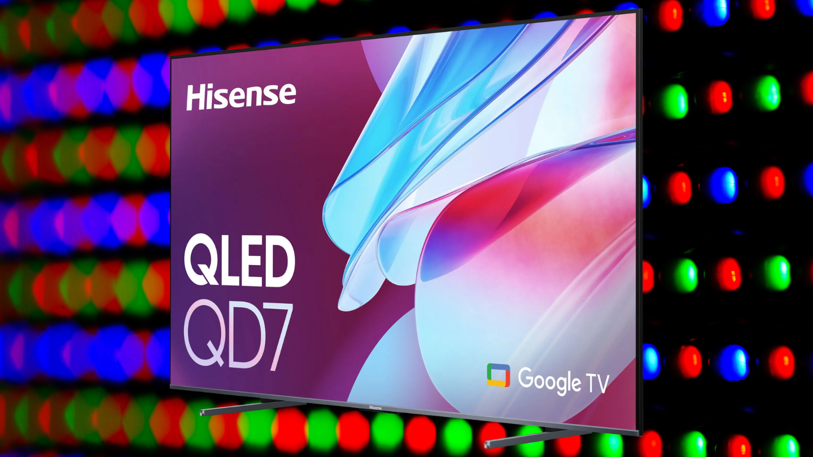 Hisense 100-inch QD7 QLED TV on an RGB polka dot background