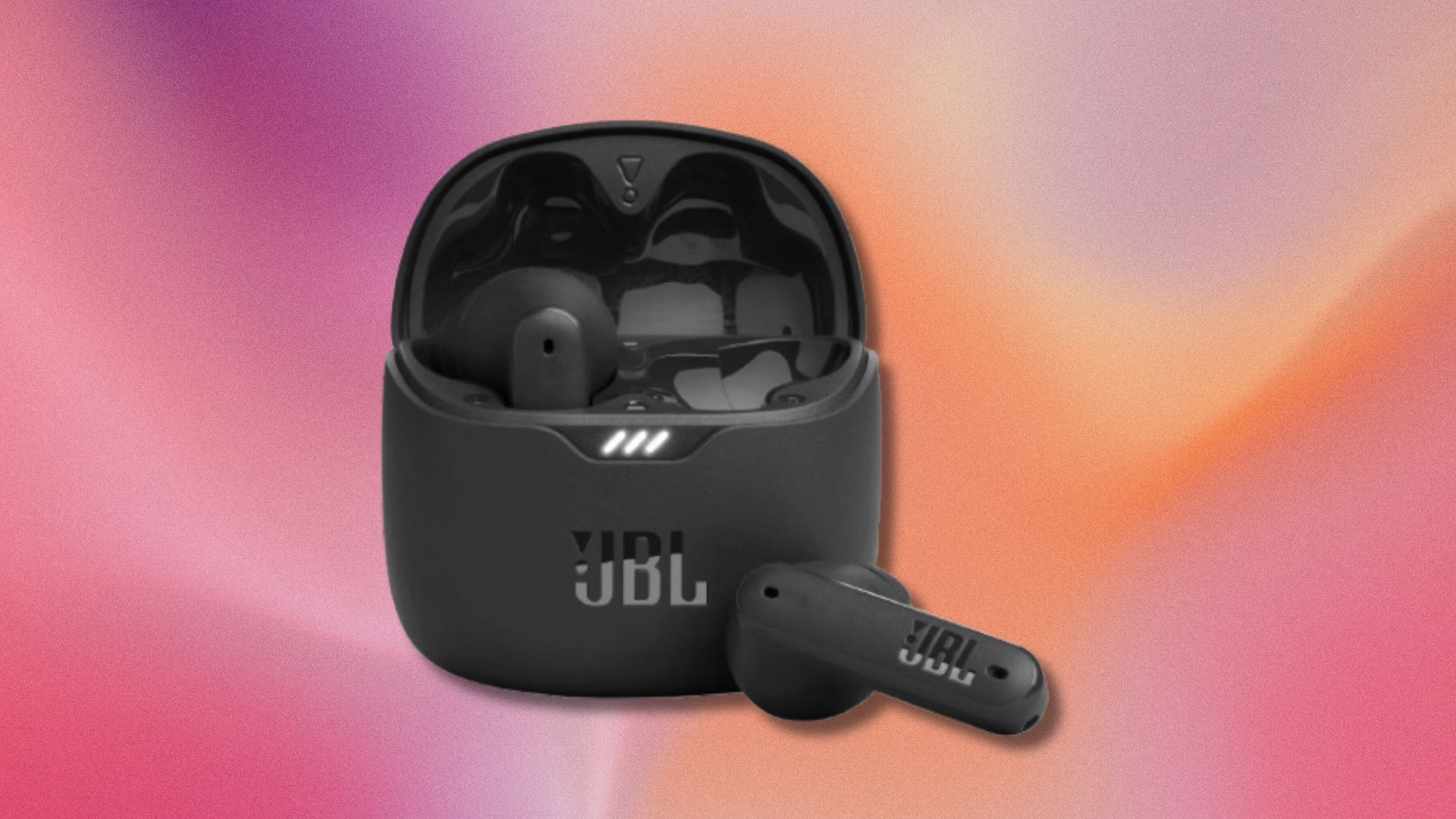 black jbl tune flex true wireless earbuds on a pink and orange swirling background