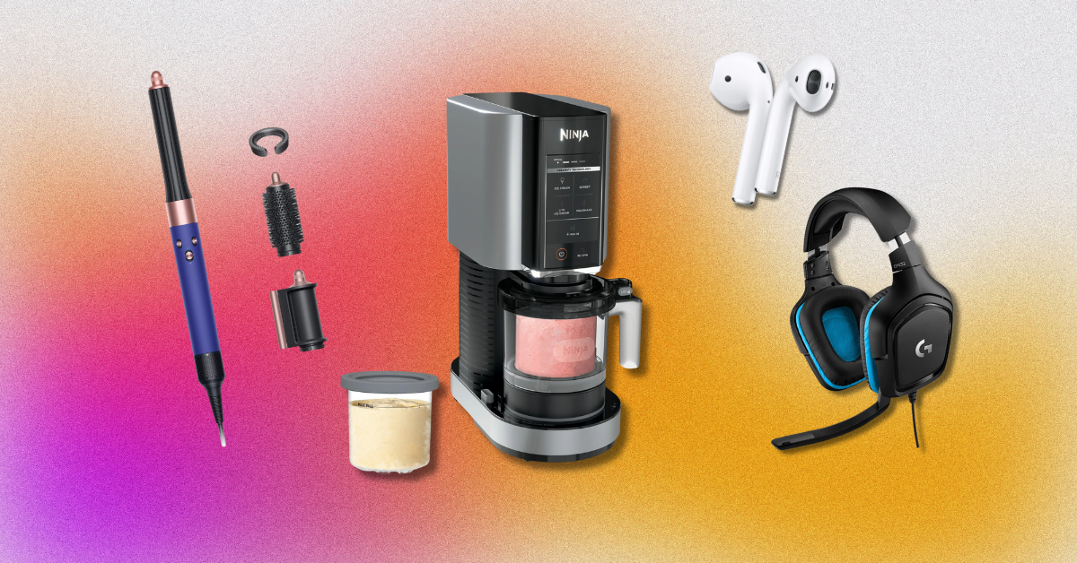A collage showcasing four discounted tech products: a Dyson Airwrap, a Ninja CREAMi ice cream maker, Apple AirPods, and a Logitech G432 gaming headset.