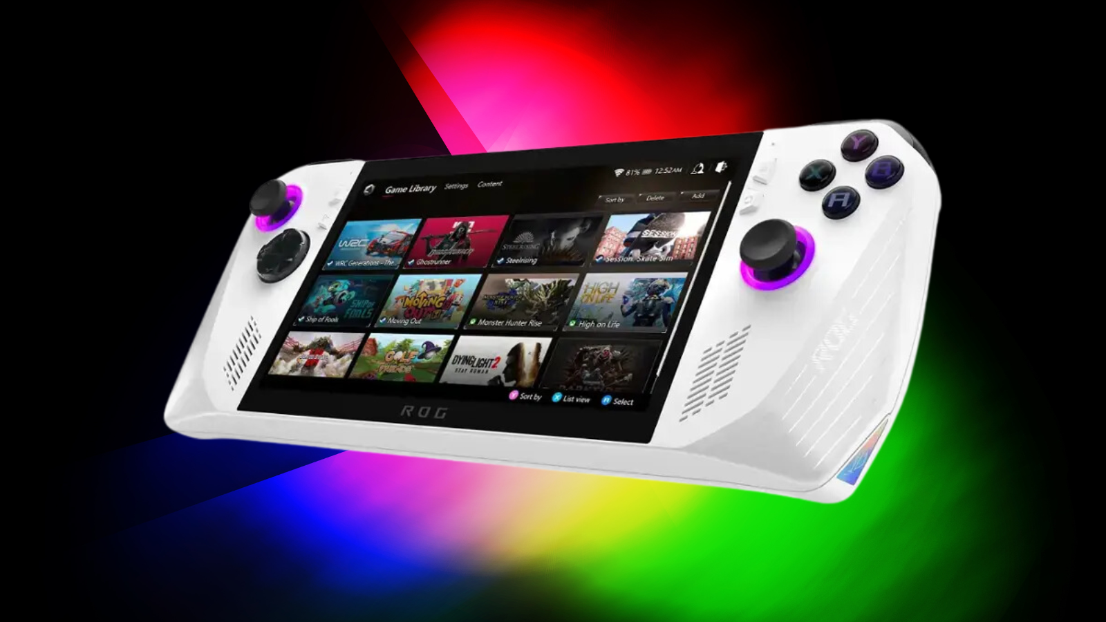 ASUS ROG Ally on an RGB gradient background