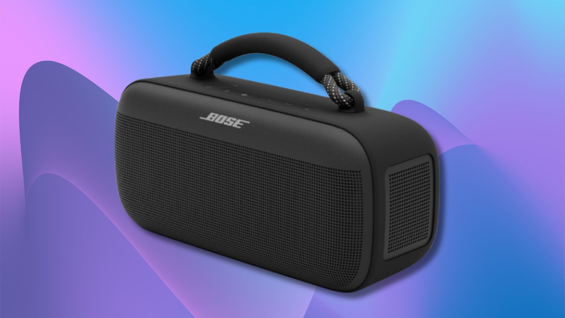 black bose soundlink max portable speaker on a purple and blue wavy background