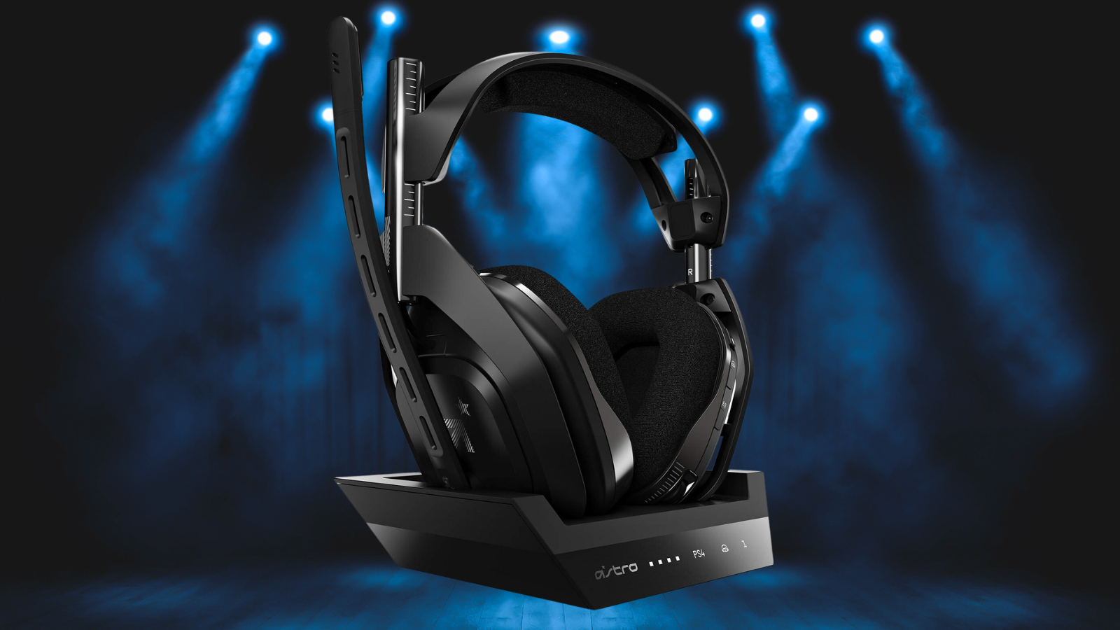 ASTRO A50 Wireless Gaming Headset and Base Station on a blue light stage background