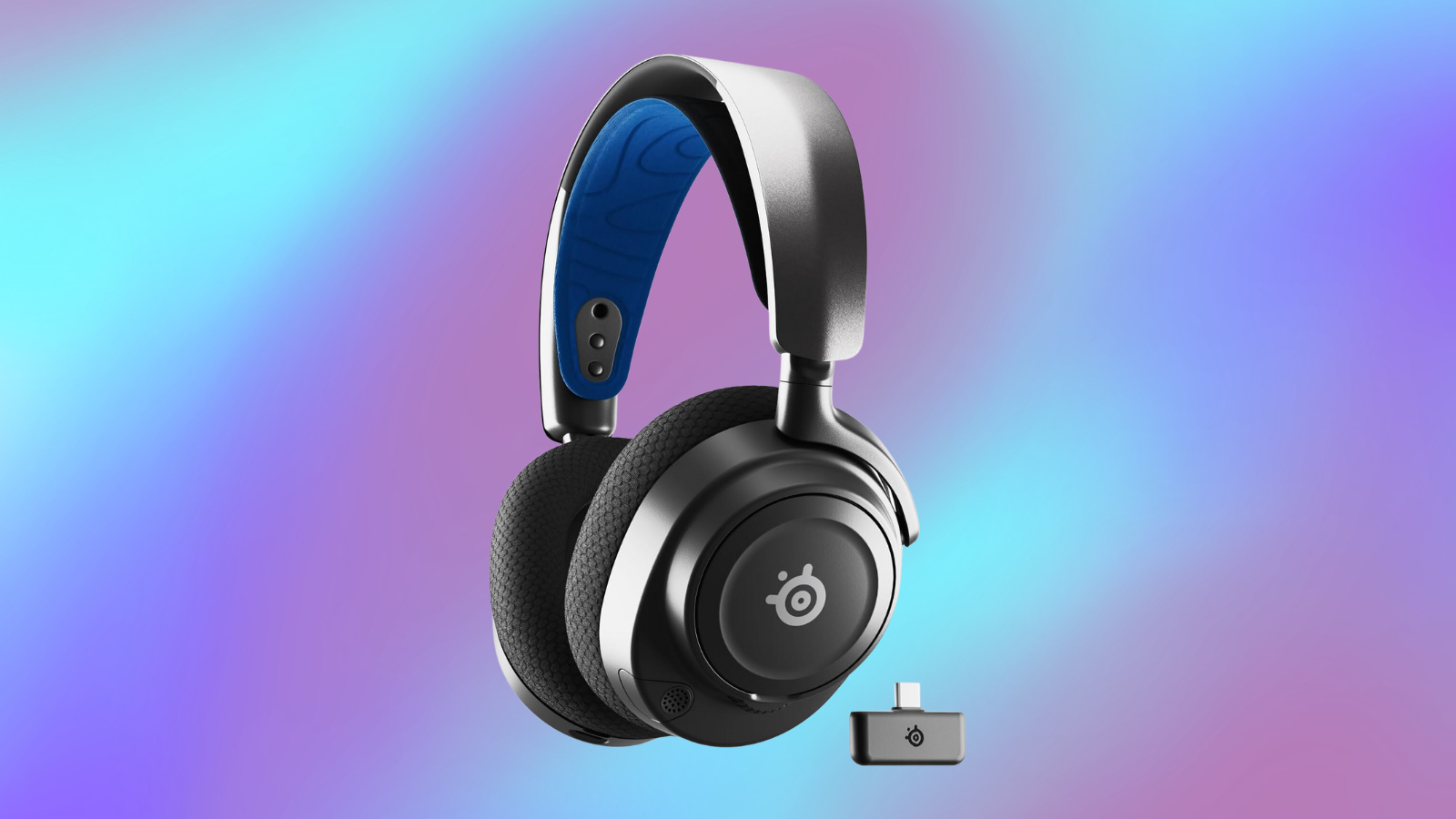 SteelSeries Arctis Nova 7P on a blue to purple gradient background