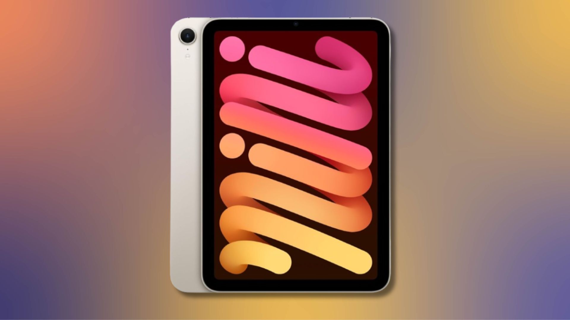 apple ipad mini in starlight on a purple and yellow gradient background
