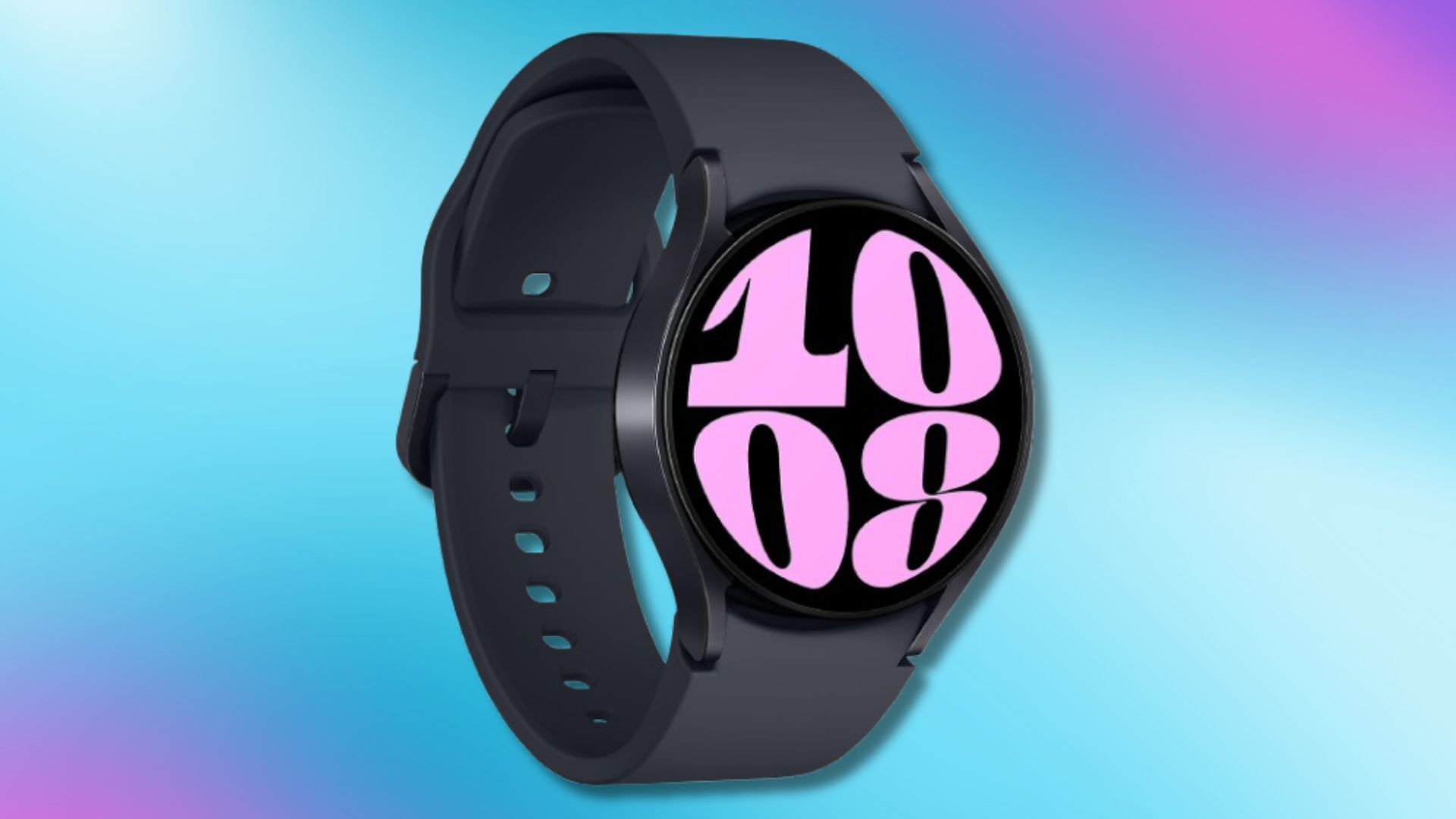 samsung galaxy watch 6 on a light blue background with purple corners in the top right and bottom left