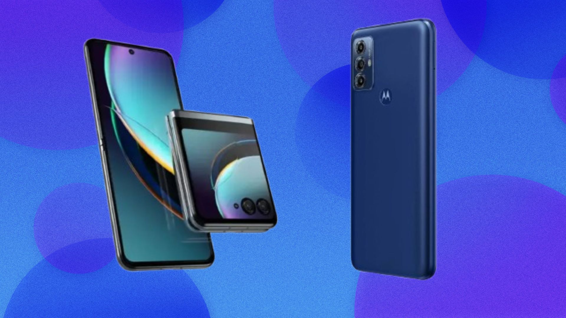 A Motorola razr+ and razr phone appear on a bubbly blue void.