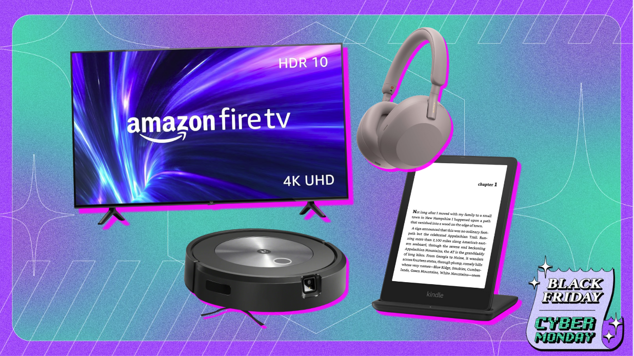Amazon Fire TV, Sony haedphones, iRobt Roomba robot vacuum, and Kindle arranged on blue, green, and purple backdrop