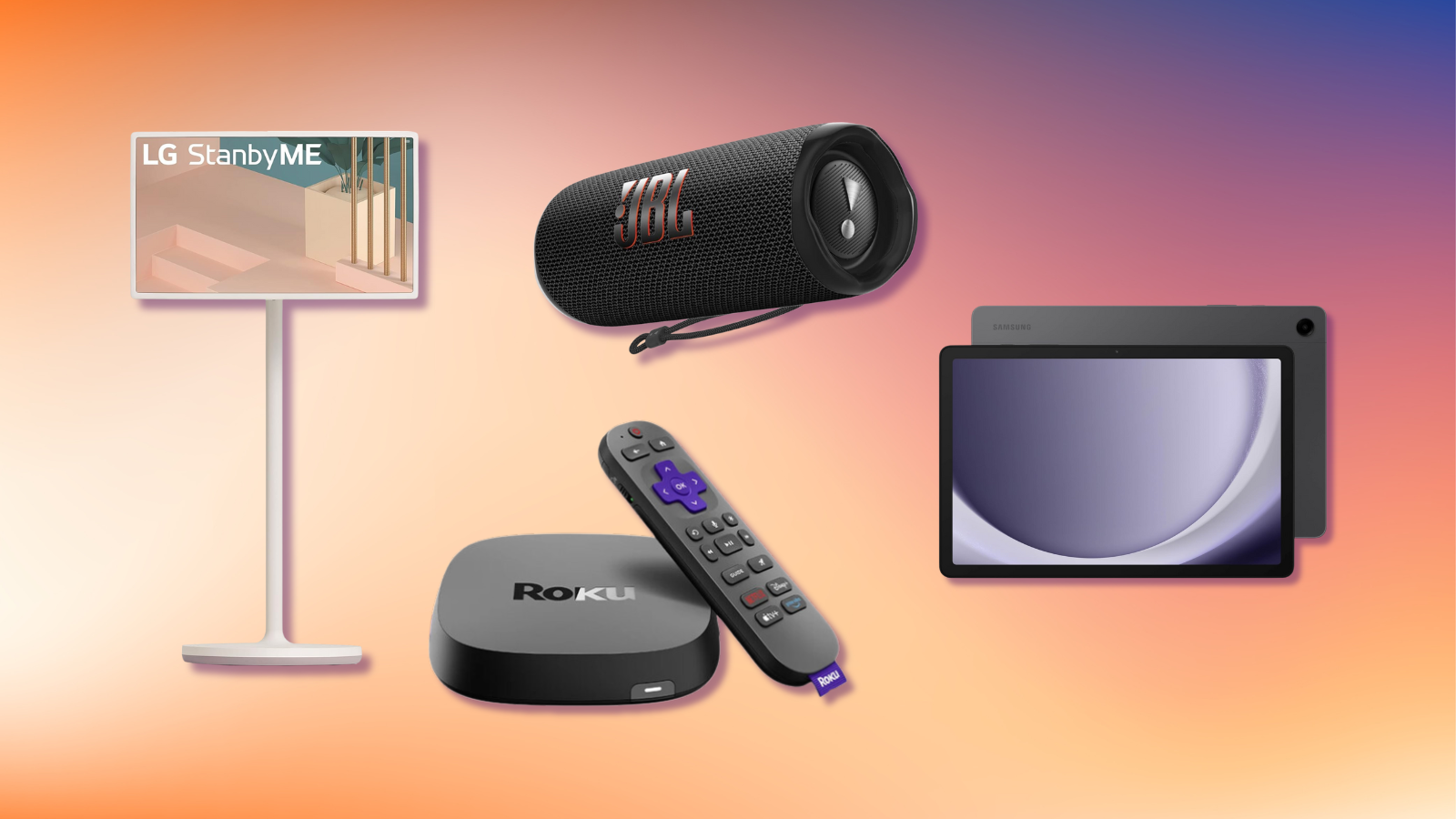 colorful gradient backdrop with collage of LG StanbyMe, JBL Flip 6, Samsung Galaxy Tab A9+, and Roku Ultra