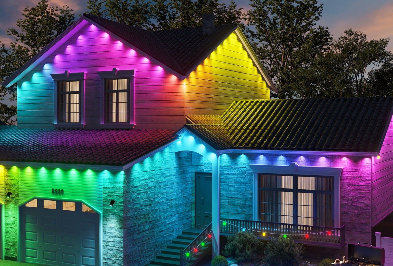 a home with govee outdoor lights on it, illuminated in many colors 