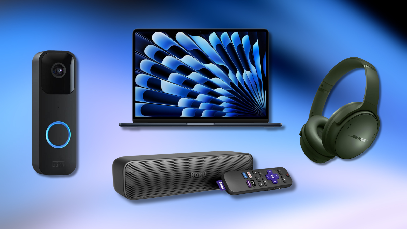 blue gradient backdrop with collage of Blink video doorbell, MacBook Air, Bose headphones, and Roku Streambar SE
