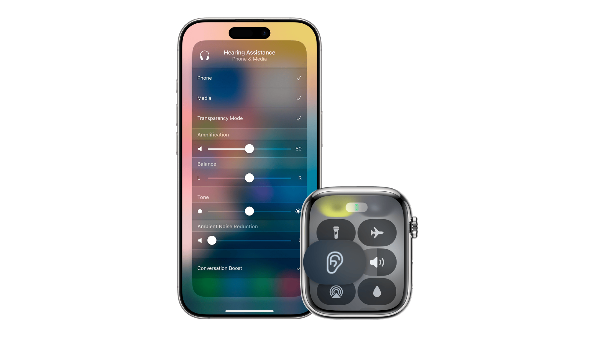 An iPhone showing Hearing Assistance setting controls under the Control Center, next to the face of an Apple Watch highlighting the ear-shaped Hearing Assistance button.