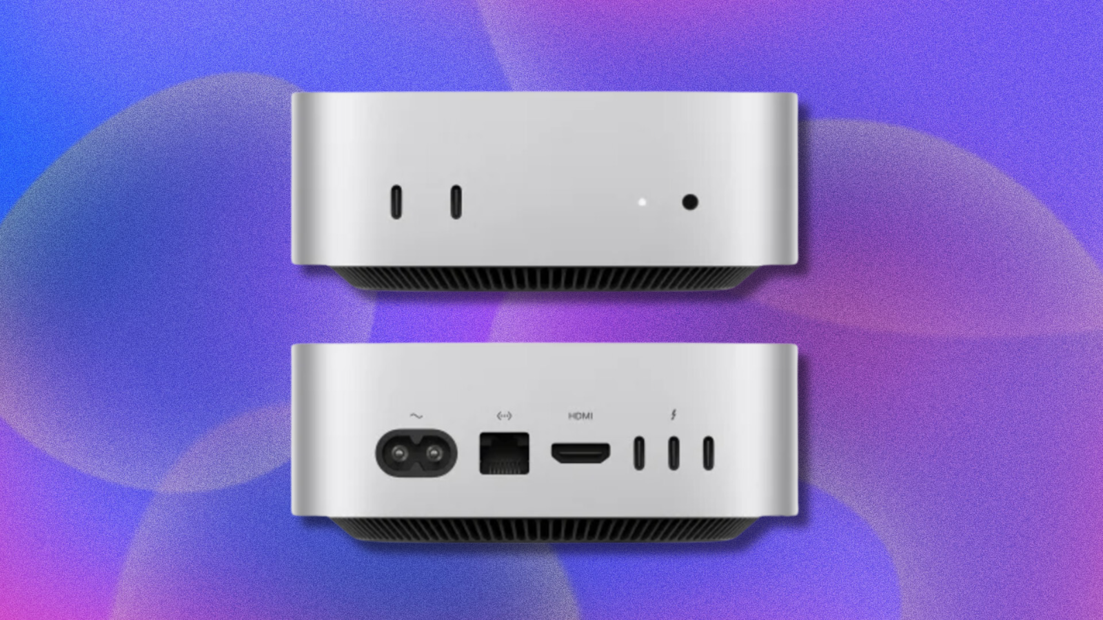 M4 Mac Mini on purple and pink abstract background