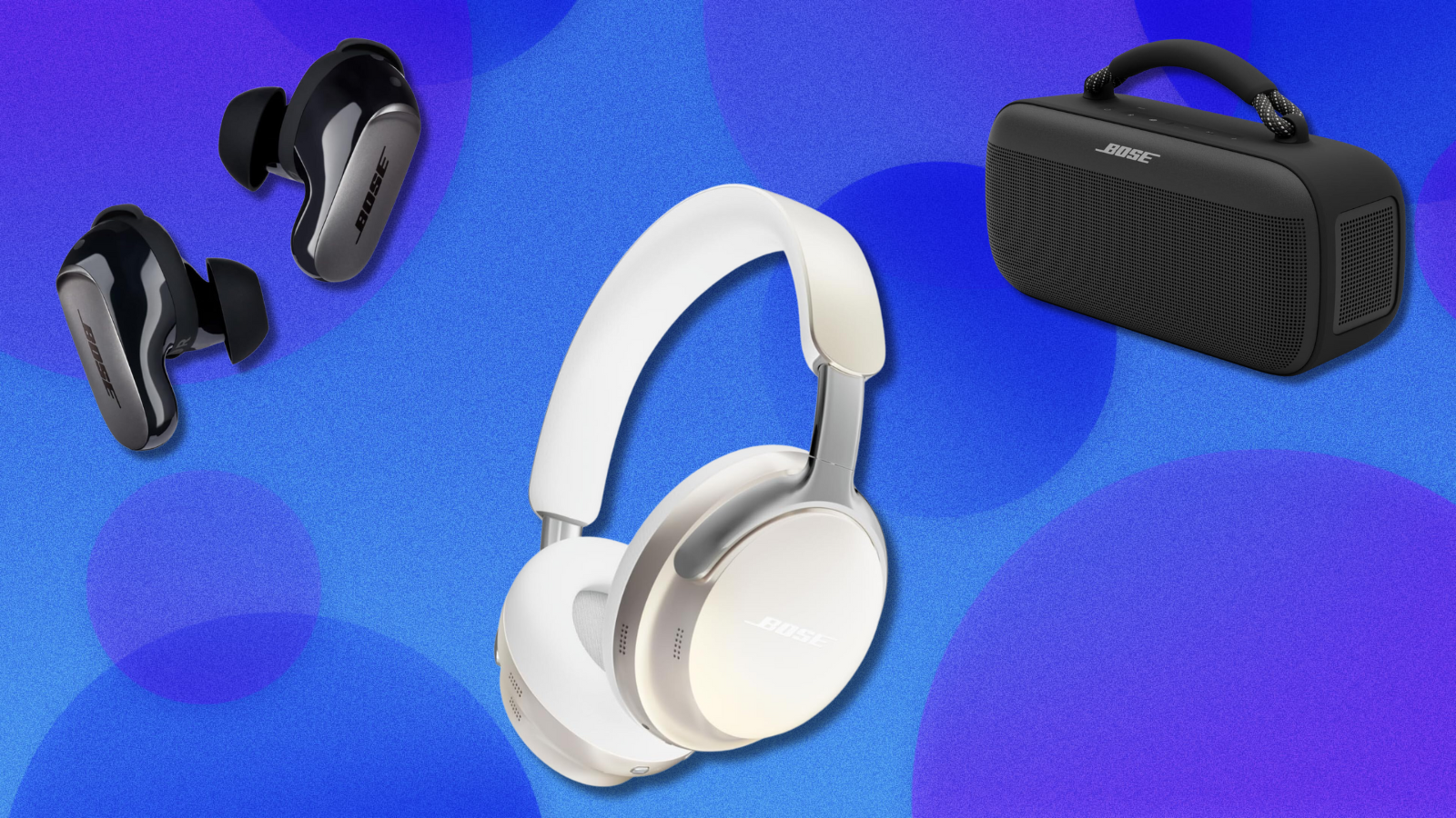 Bose headphones and speakers on blue and purple background