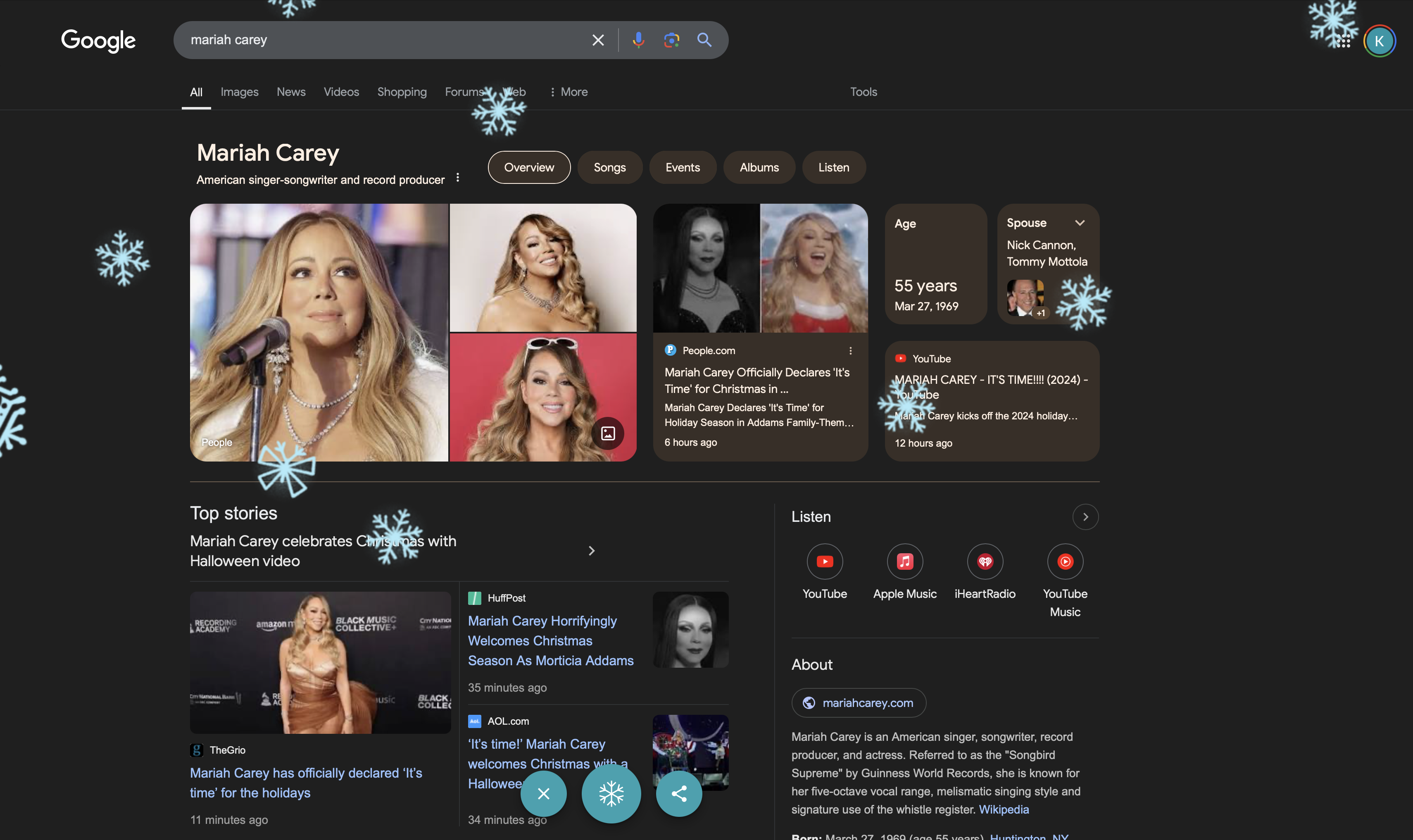 Mariah Carey's Google Search page with snowflakes