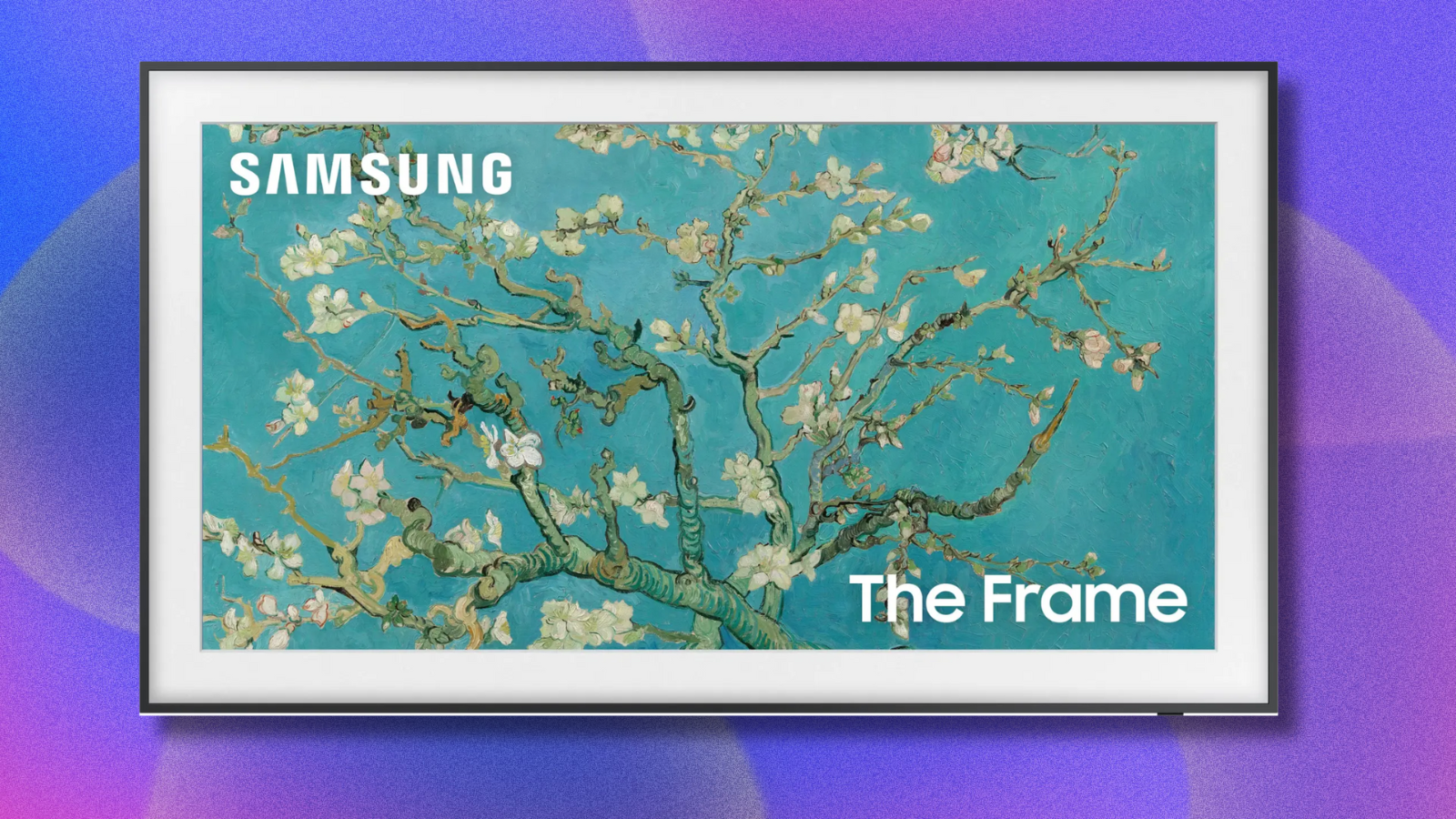 Samsung The Frame TV on purple and pink abstract background