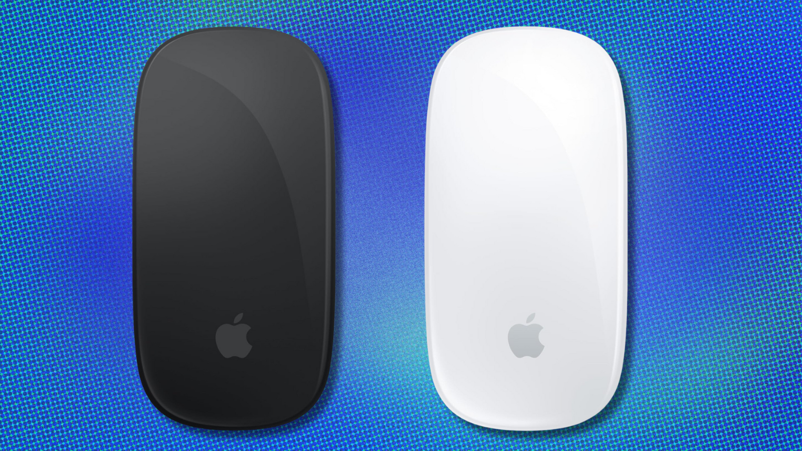 Apple Magic Mouse in black and white on blue pixelated background