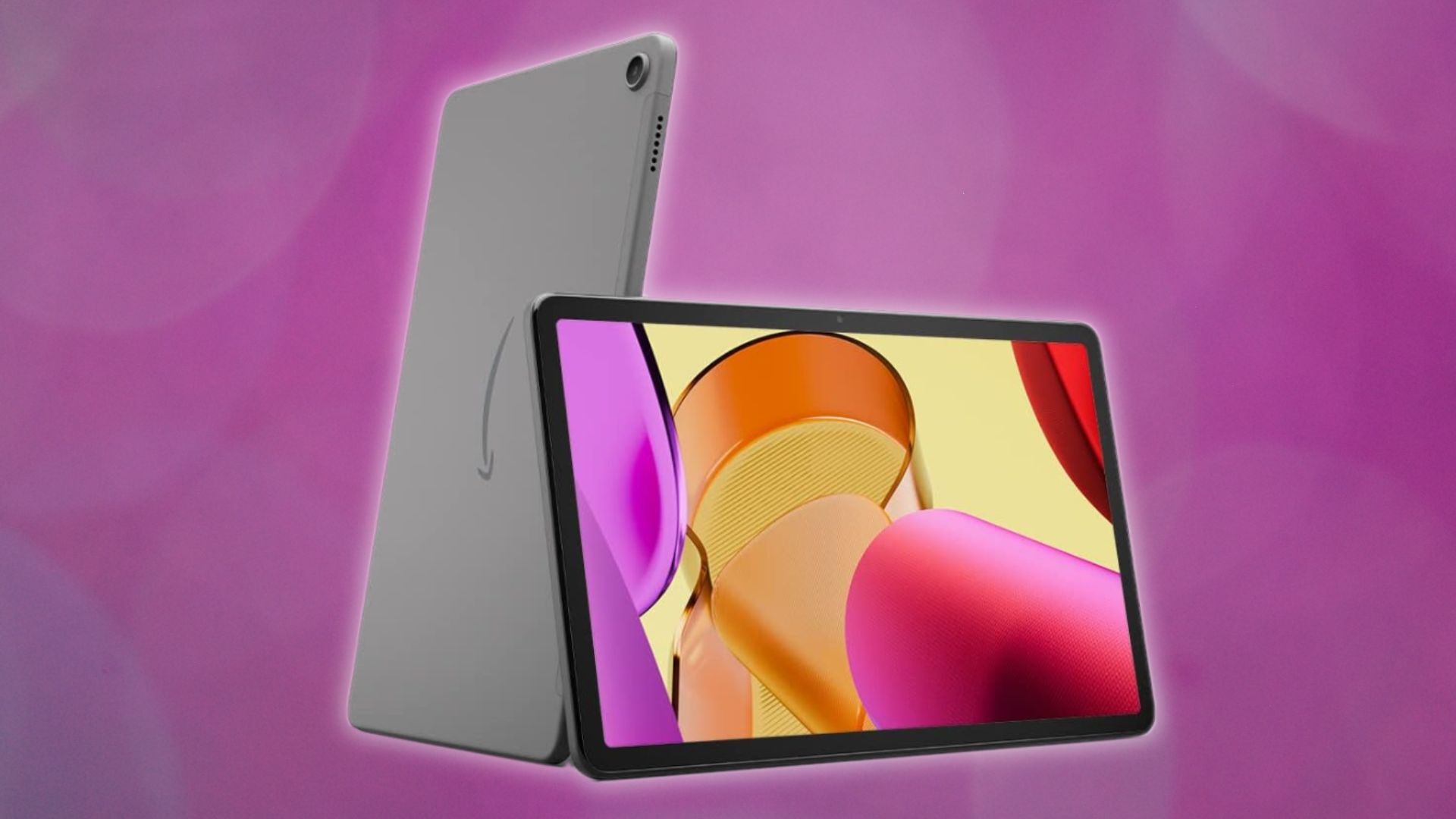amazon fire max 11 tablet leaning on another tablet with its back facing forward against a dark pink background