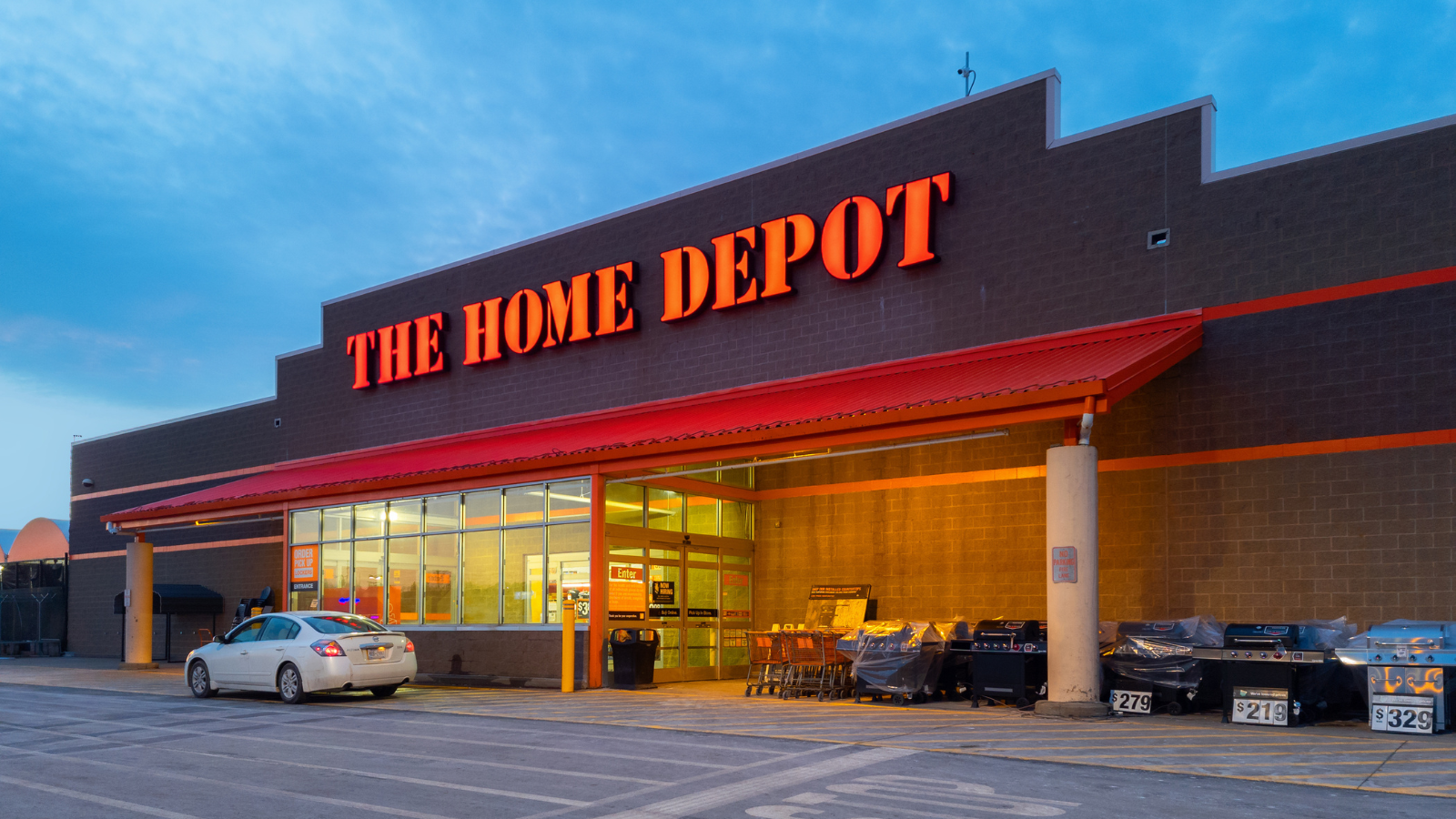 a home depot store at night