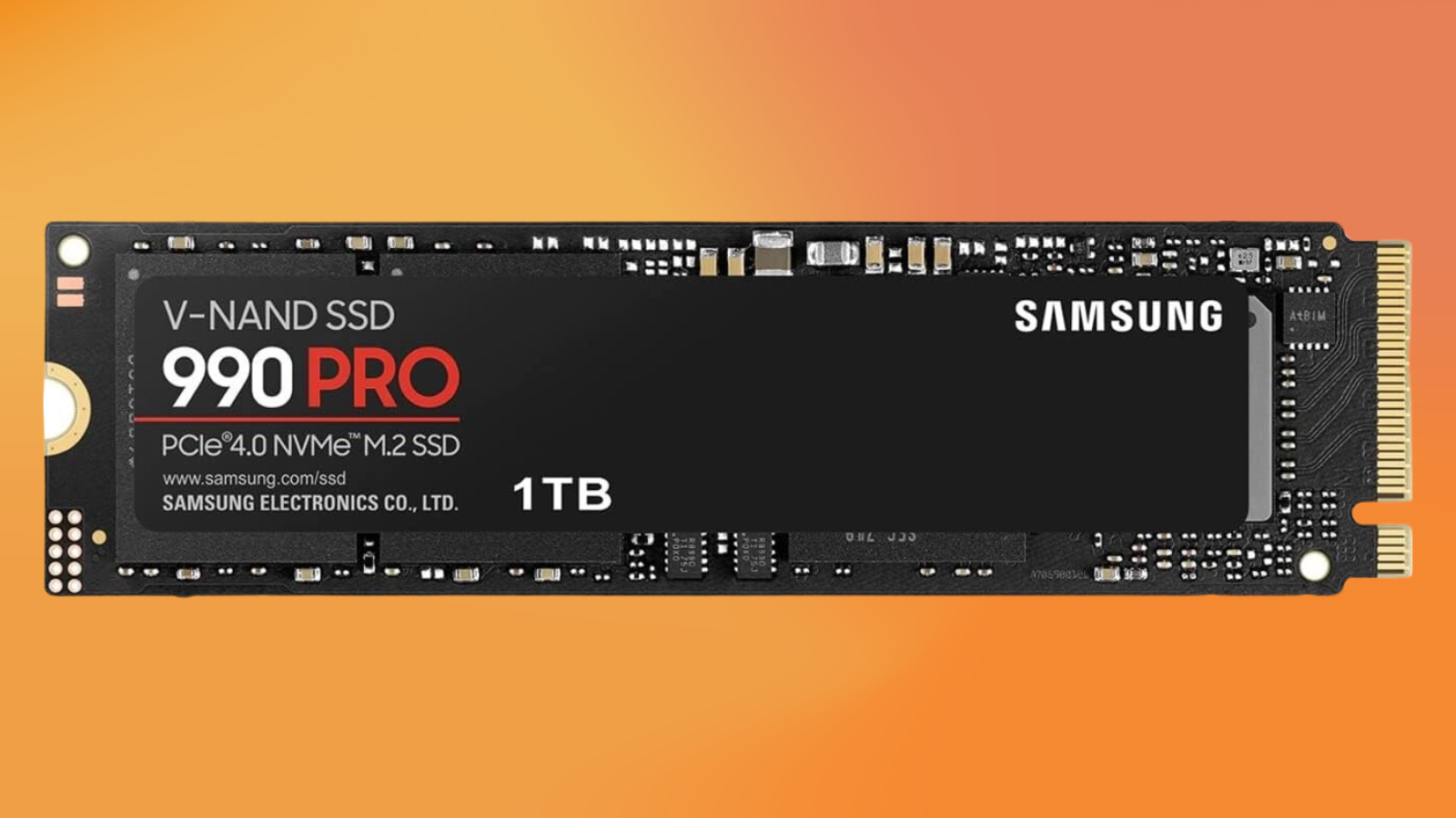 Samsung 990 PRO SSD on an orange gradient background