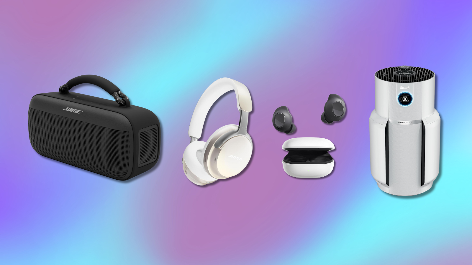 purple and blue background with collage of Bose speaker, Bose headphones, Samsung earbuds, and Shark purifier