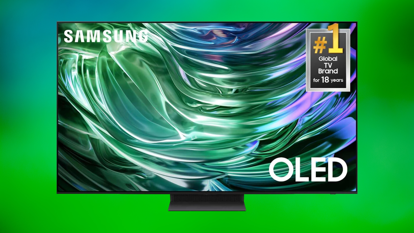 Samsung’s 65-inch OLED S90D Series 4K TV on a green gradient background
