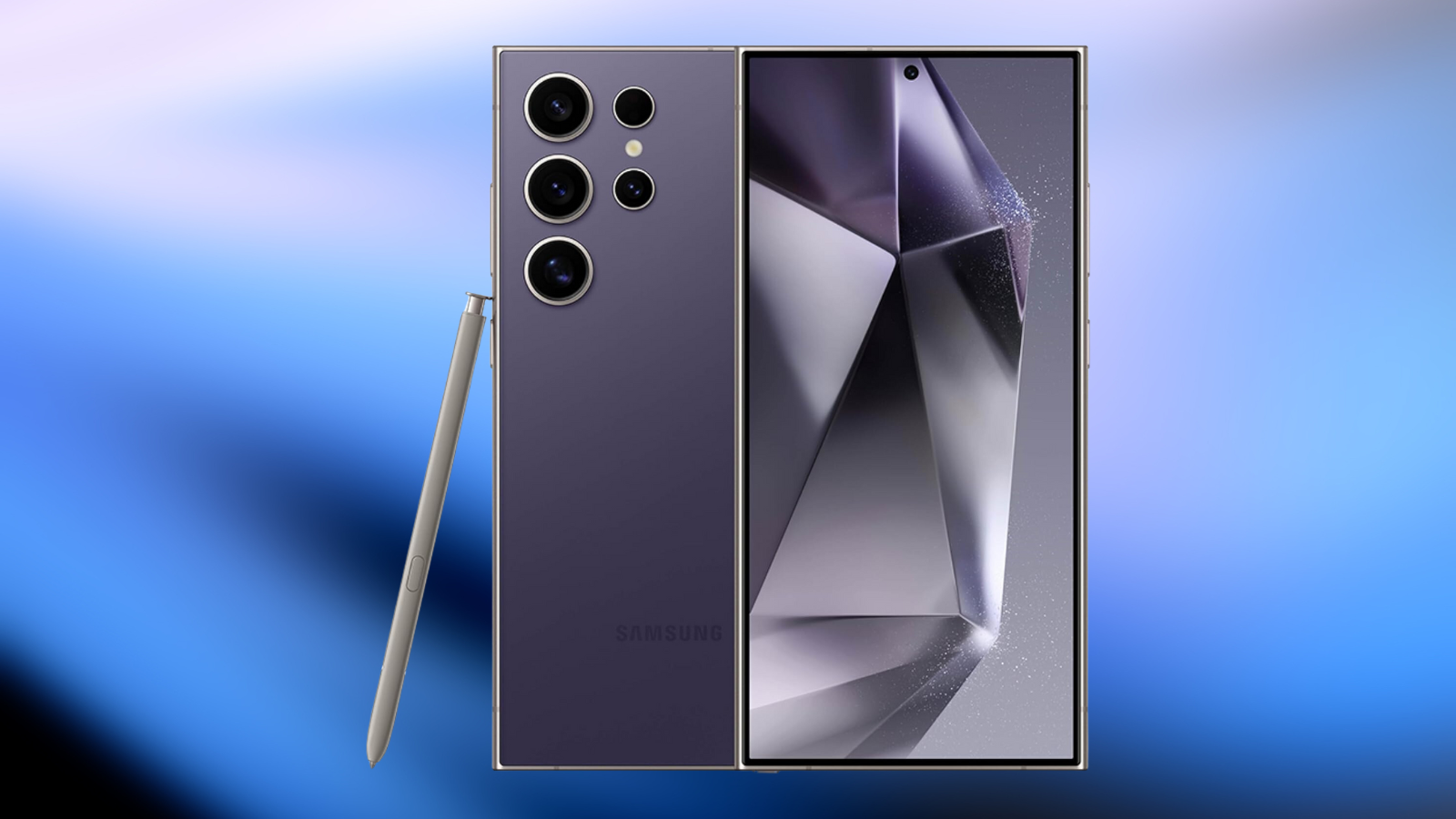 Samsung Galaxy S24 Ultra on a blue gradient background