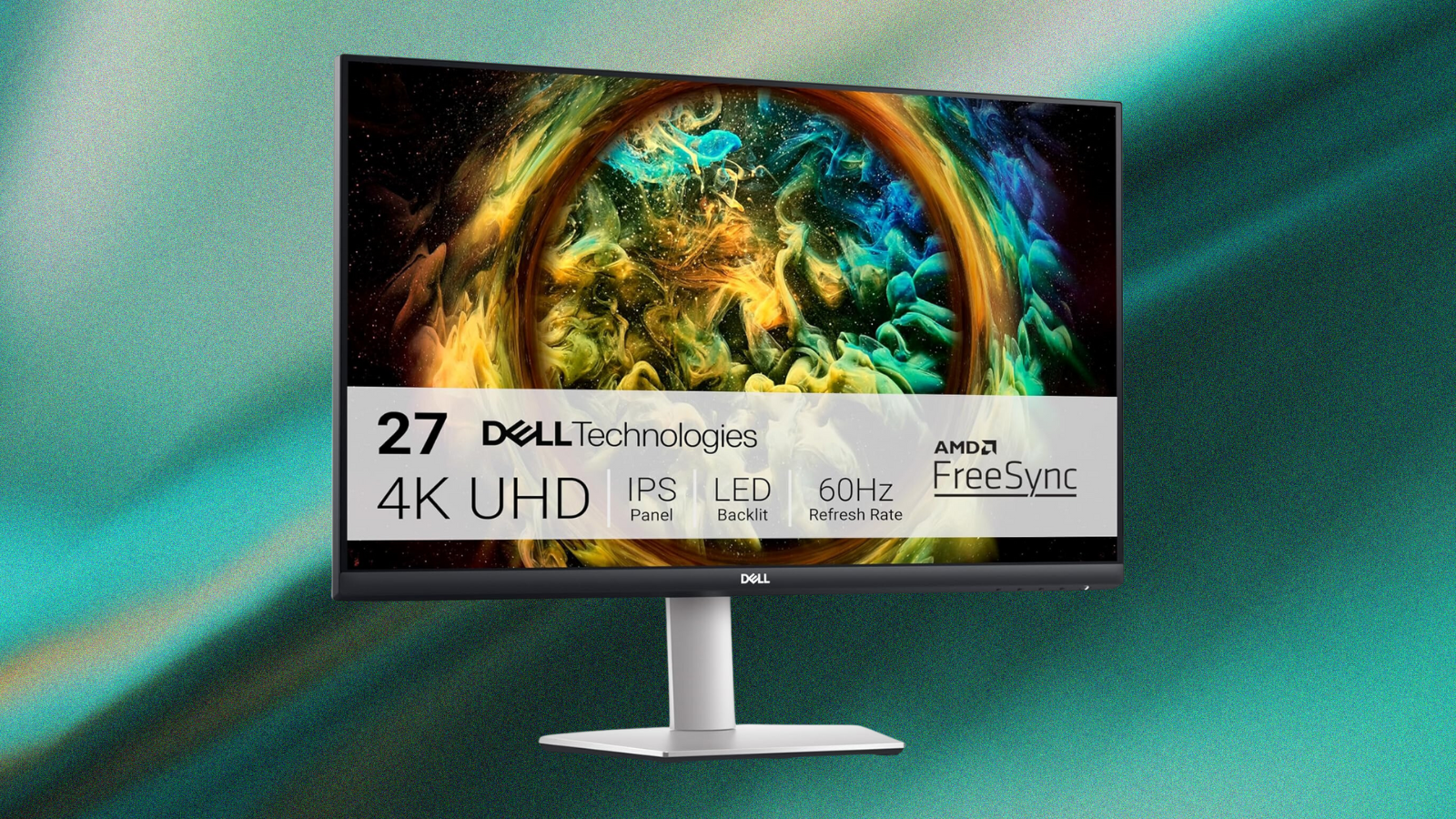 Dell S2721QS on a green gradient background