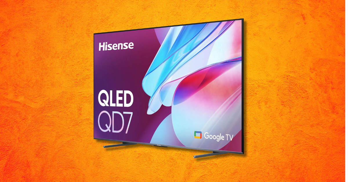 Hisense QD7 QLED TV with Google TV interface displayed on an orange background.