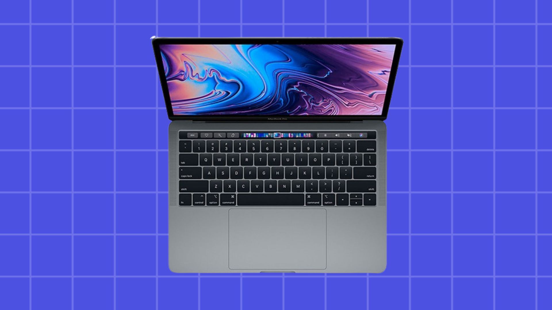 a 2019 MacBook Pro with touch bar on purple check background