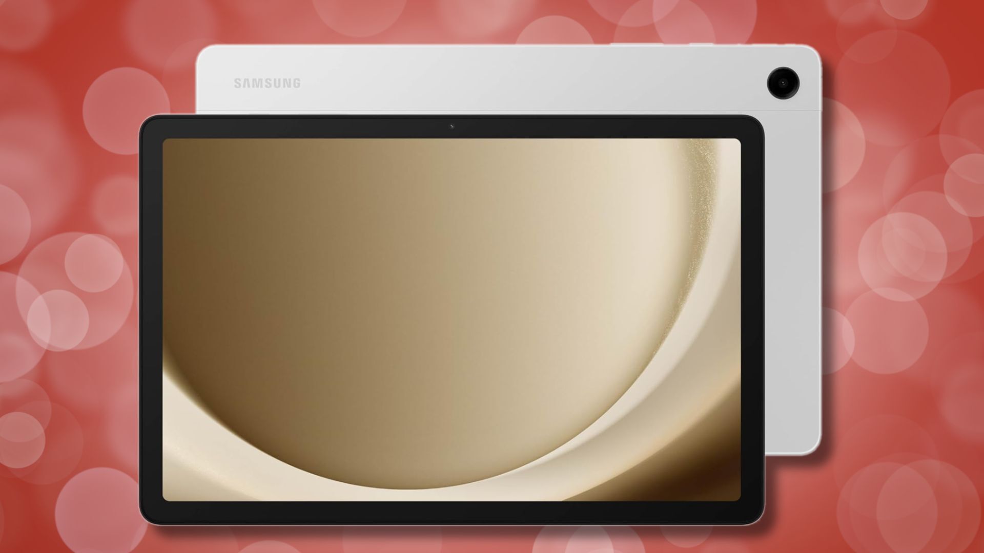 samsung galaxy tab a9 plus tablet against a red background patterned with transparent white dots