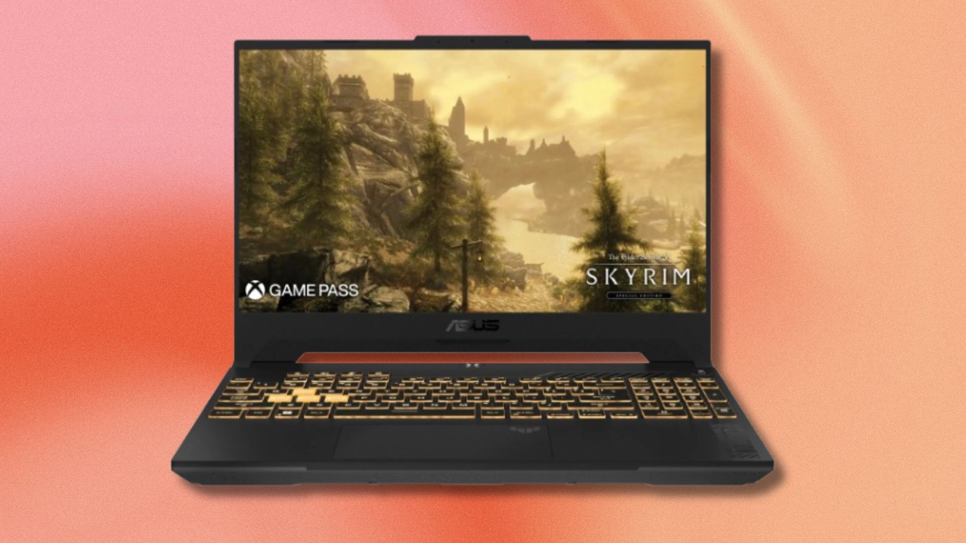 asus tuf gaming laptop on an orange and pink gradient background