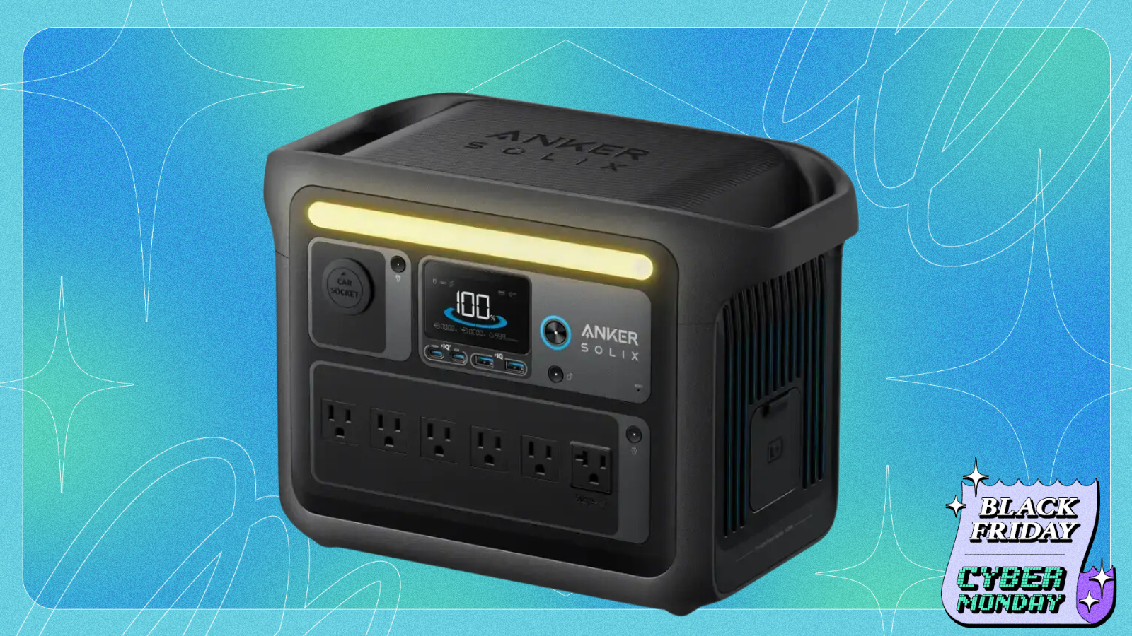 Anker SOLIX C1000X Portable Power Station on a blue gradient black friday background