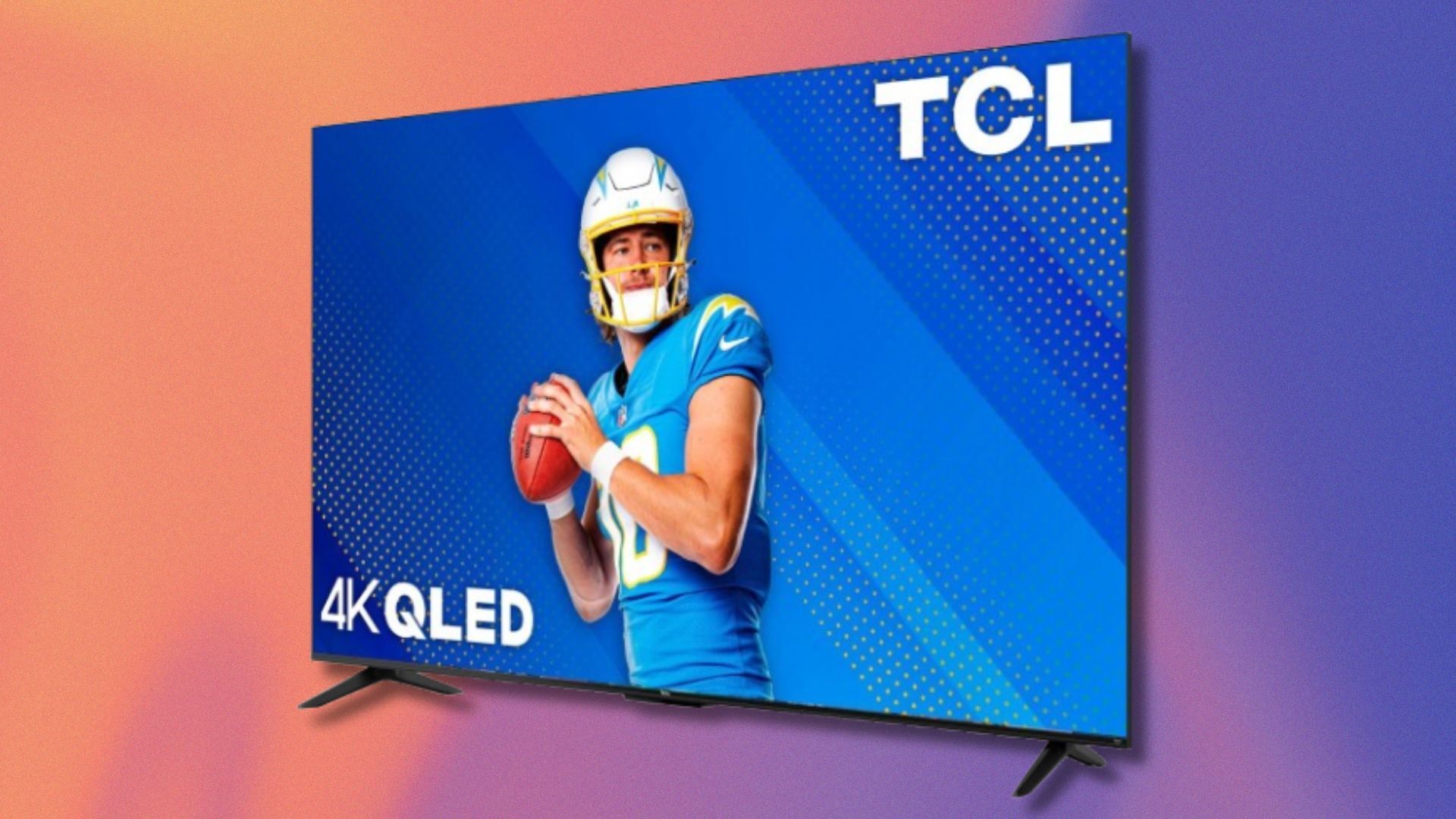 55-inch tcl 4k qled tv on a orange and purple swirling background