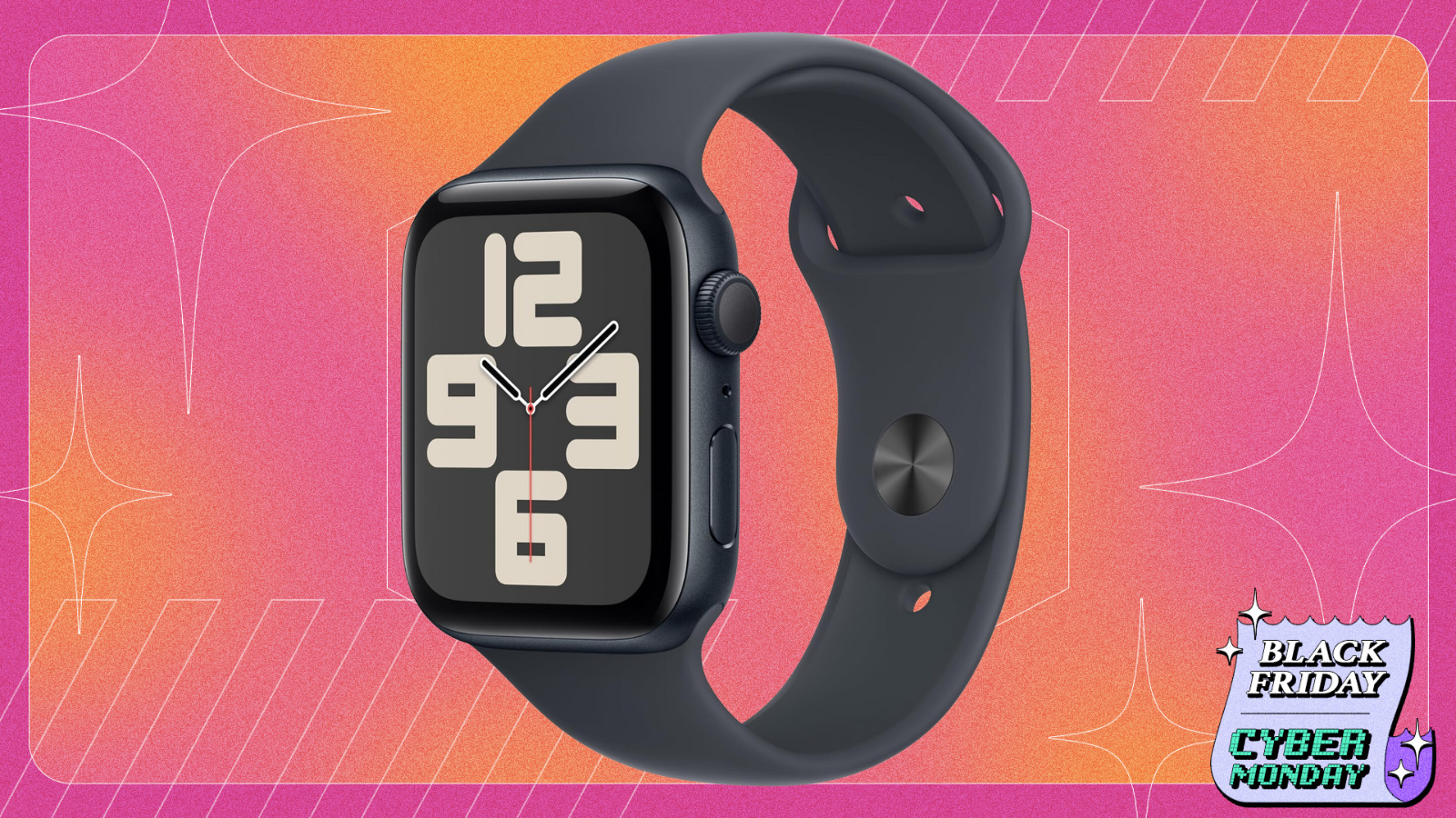 Apple Watch SE (2nd Gen) GPS 44mm on a pink to orange black friday gradient background