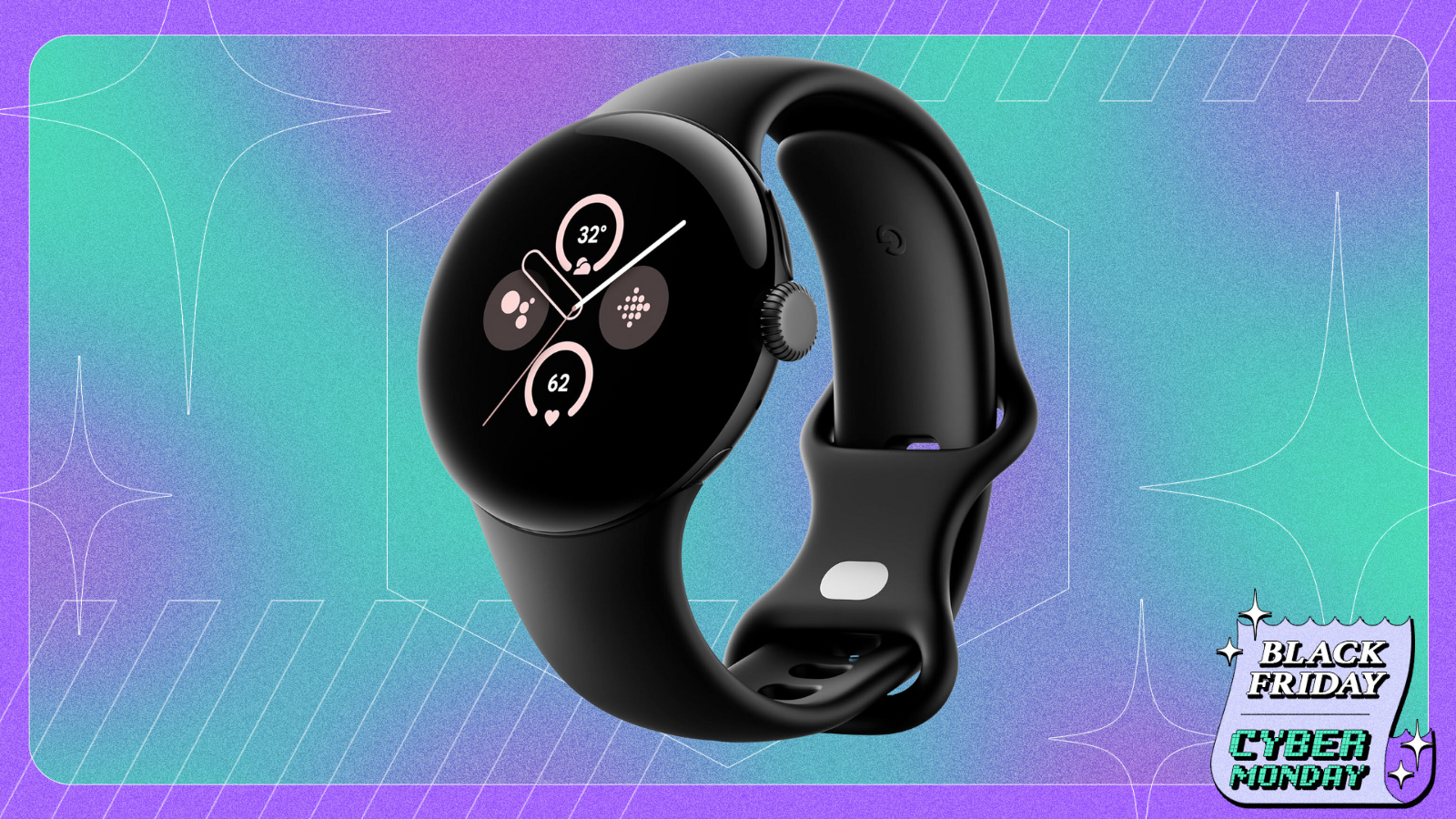 Pixel Watch 2 on a Purple and blue gradient black friday background