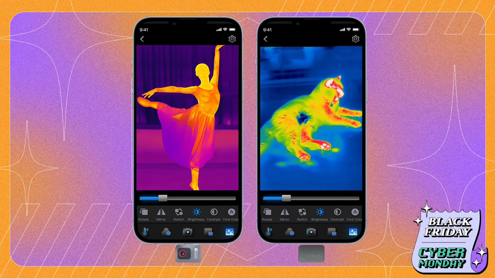 P2 Thermal Camera on a purple and peach gradient Black Friday background