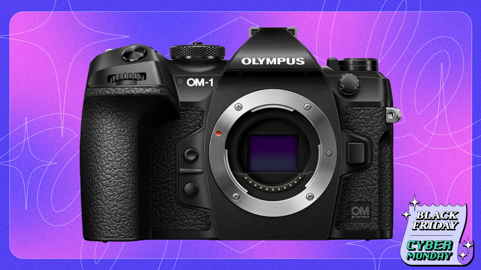 OLYMPUS OM-1 on a purple gradient Black Friday background