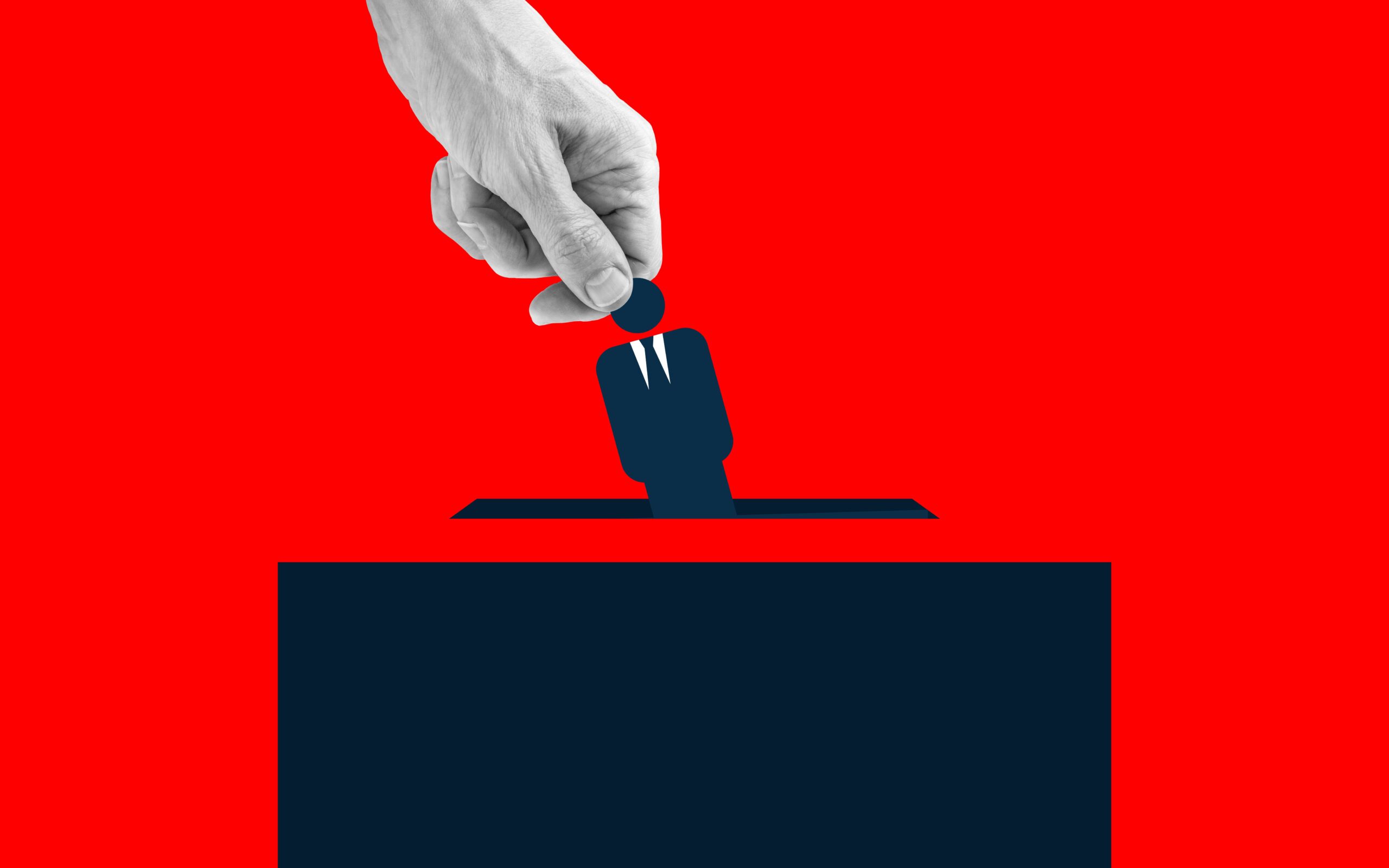 Human hand placing an icon of man wearing suit into the voting box.