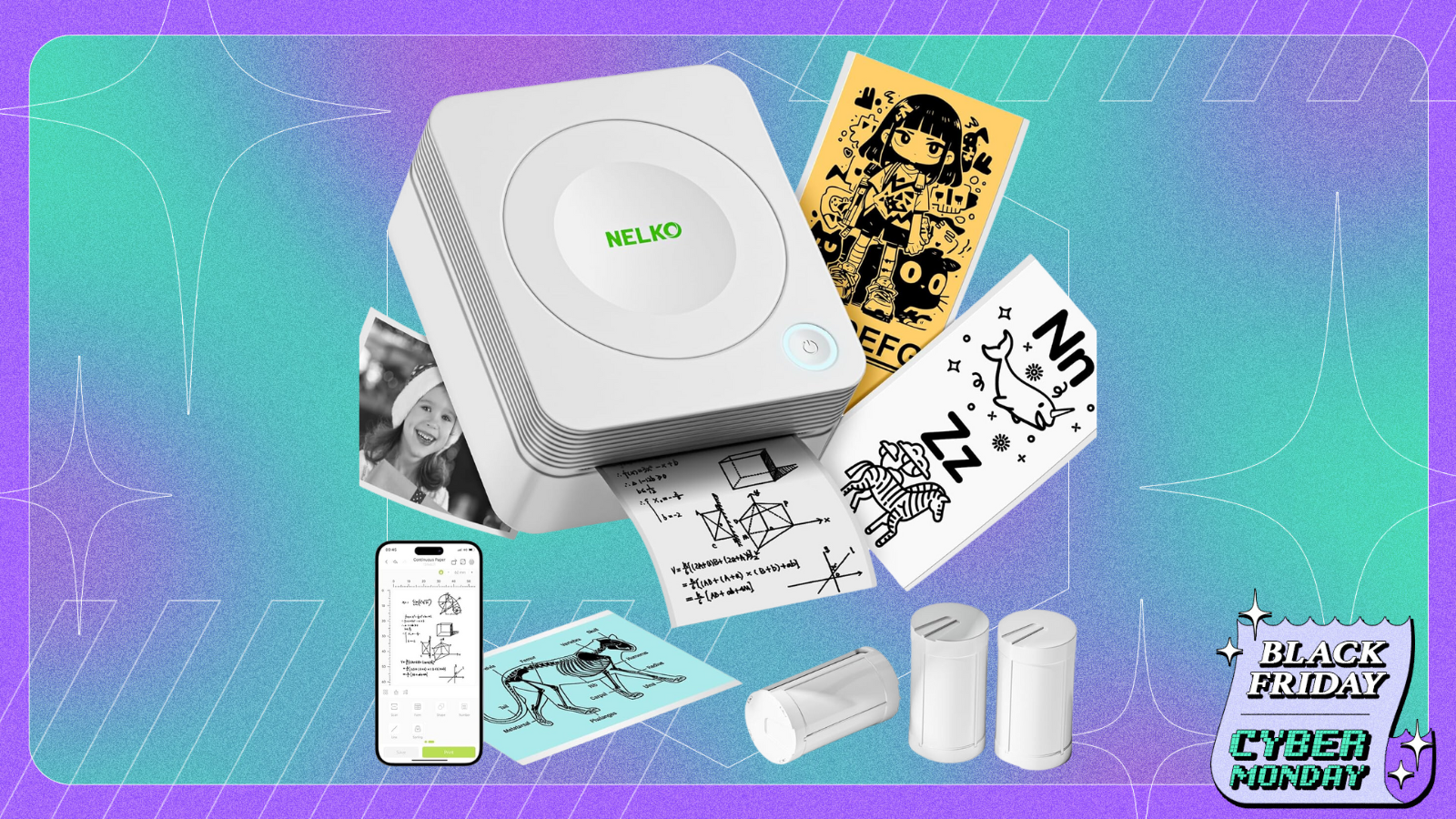 Nelko Sticker Printer on a purple and blue gradient black friday background