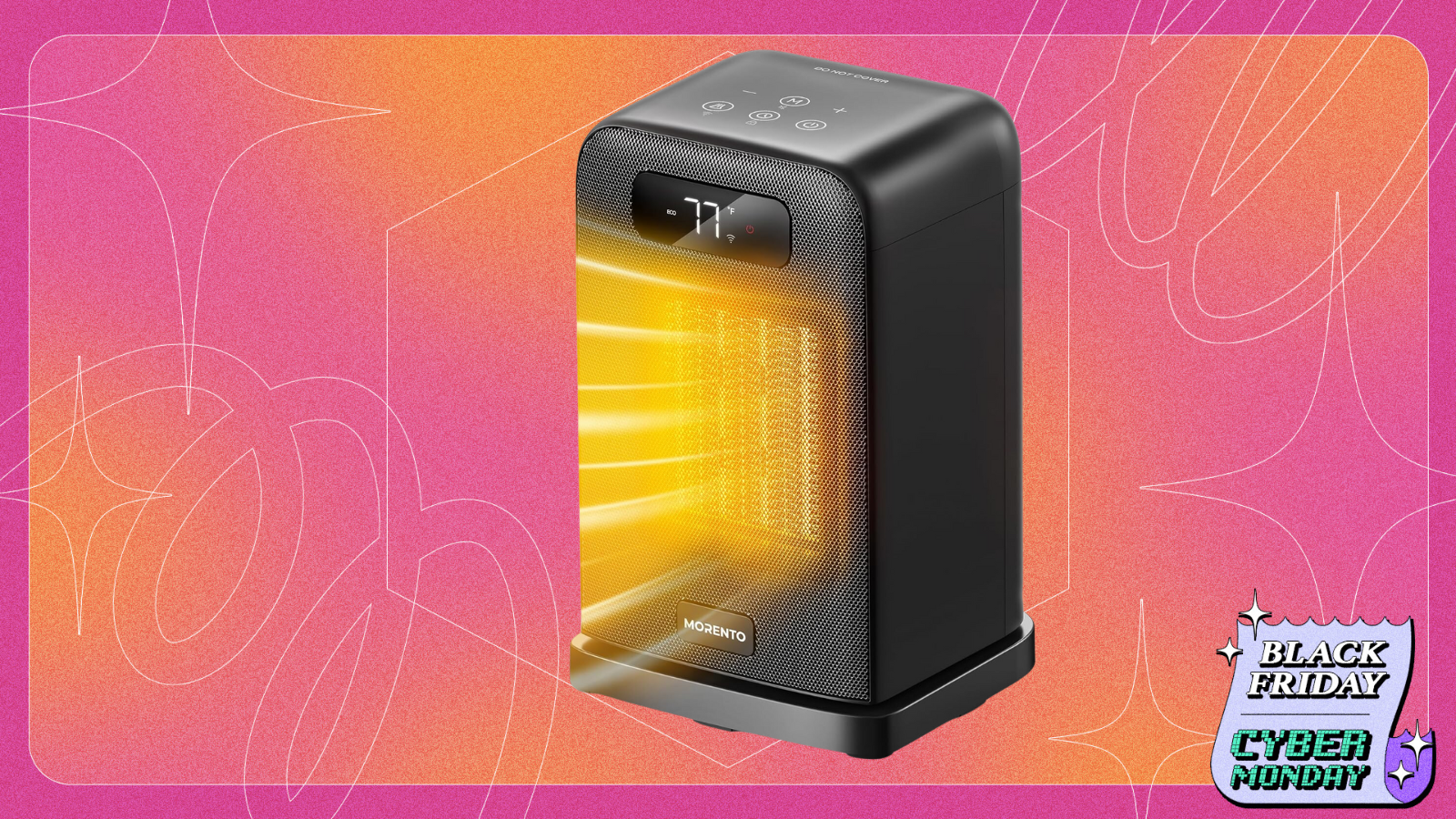 Morento Speace Heater on a orange and pink black friday gradient background