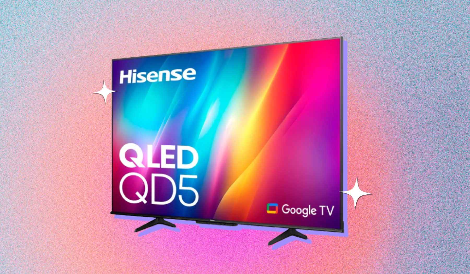 Hisense QLED TV with colorful screensaver positioned on a pink, orange, and gray backdrop with sparkle graphics throughout