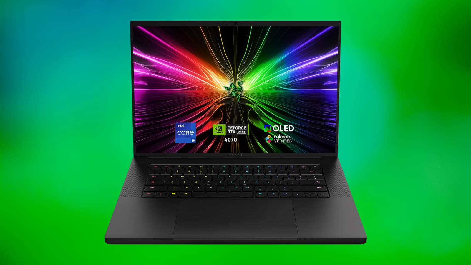 Razer Blade 16 (2024) on a green gradient background